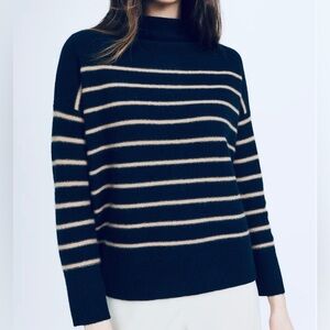 Magaschoni mock neck 100% cashmere stripe sweater in navy